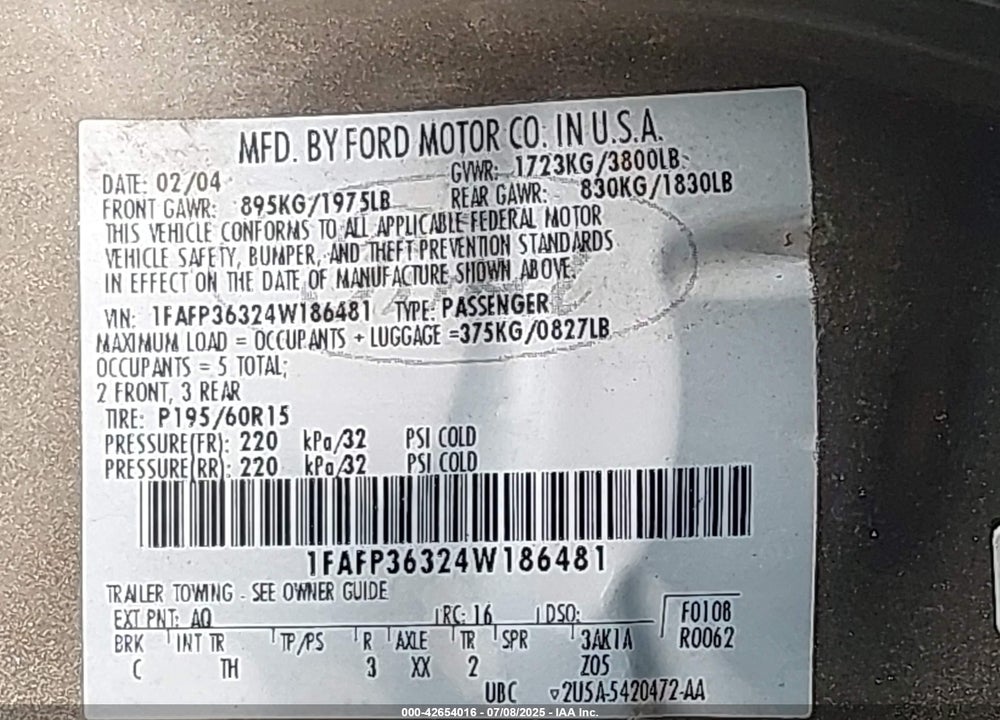2004 FORD FOCUS SE VIN: 1FAFP36324W186481