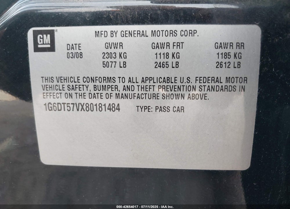 2008 CADILLAC CTS VIN: 1G6DT57VX80181484