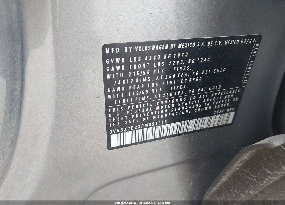 2024 VOLKSWAGEN TAOS VIN: 3VV5X7B2XRM091315
