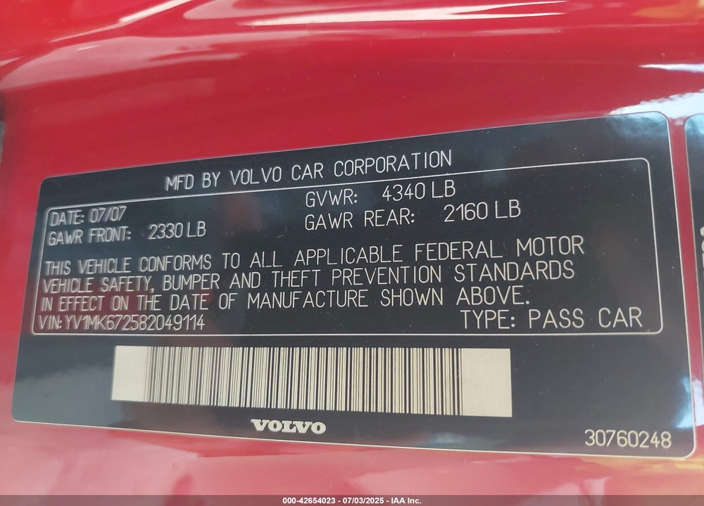 2008 VOLVO C30 VIN: YV1MK672582049114