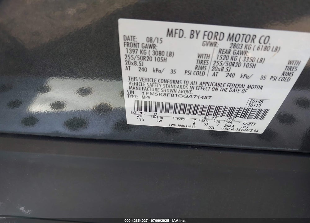 2016 FORD EXPLORER LIMITED VIN: 1FM5K8F81GGA71457
