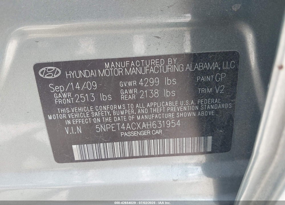 2010 HYUNDAI SONATA VIN: 5NPET4ACXAH631954