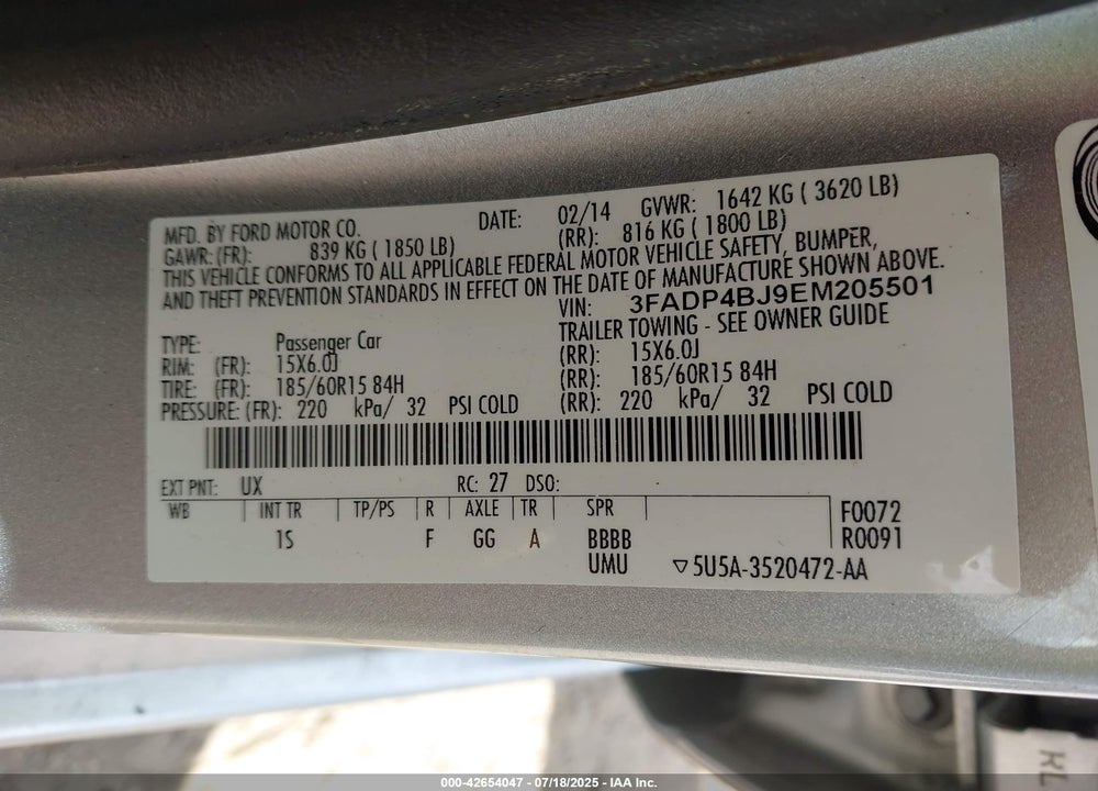 2014 FORD FIESTA VIN: 3FADP4BJ9EM205501