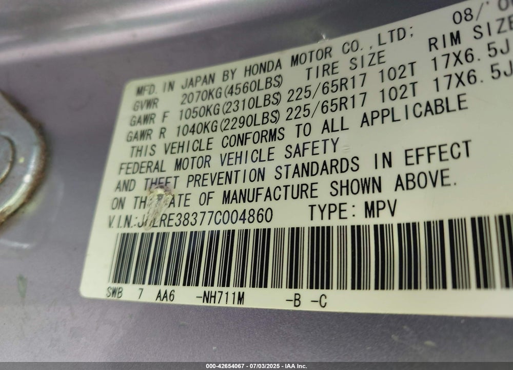 2007 HONDA CR-V VIN: JHLRE38377C004860