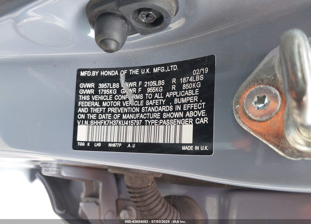 2019 HONDA CIVIC VIN: SHHFK7H37KU415797