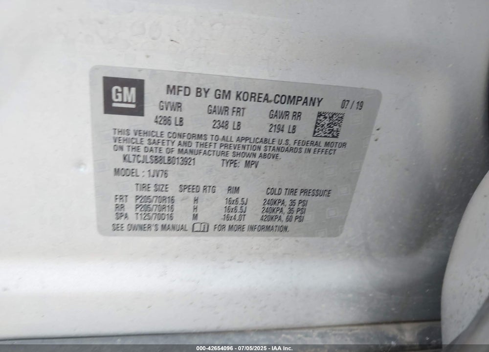 2020 CHEVROLET TRAX VIN: KL7CJLSB8LB013921