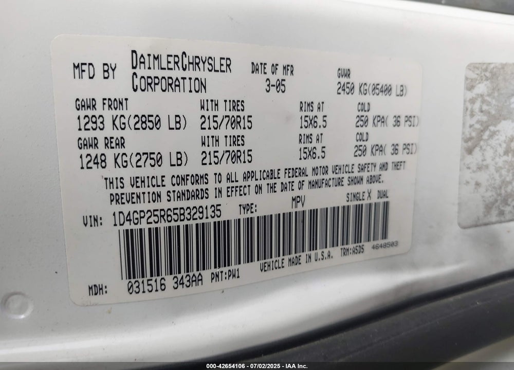 2005 DODGE CARAVAN SE VIN: 1D4GP25R65B329135