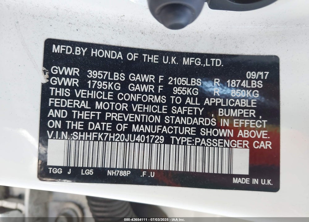 2018 HONDA CIVIC VIN: SHHFK7H20JU401729
