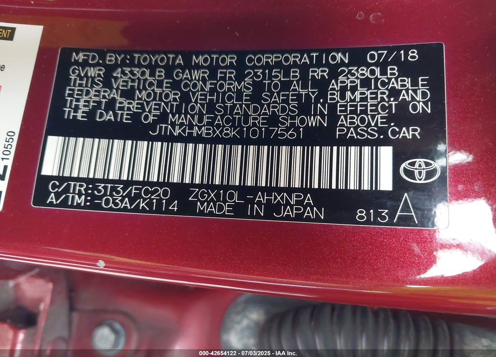 2019 TOYOTA C-HR VIN: JTNKHMBX8K1017561