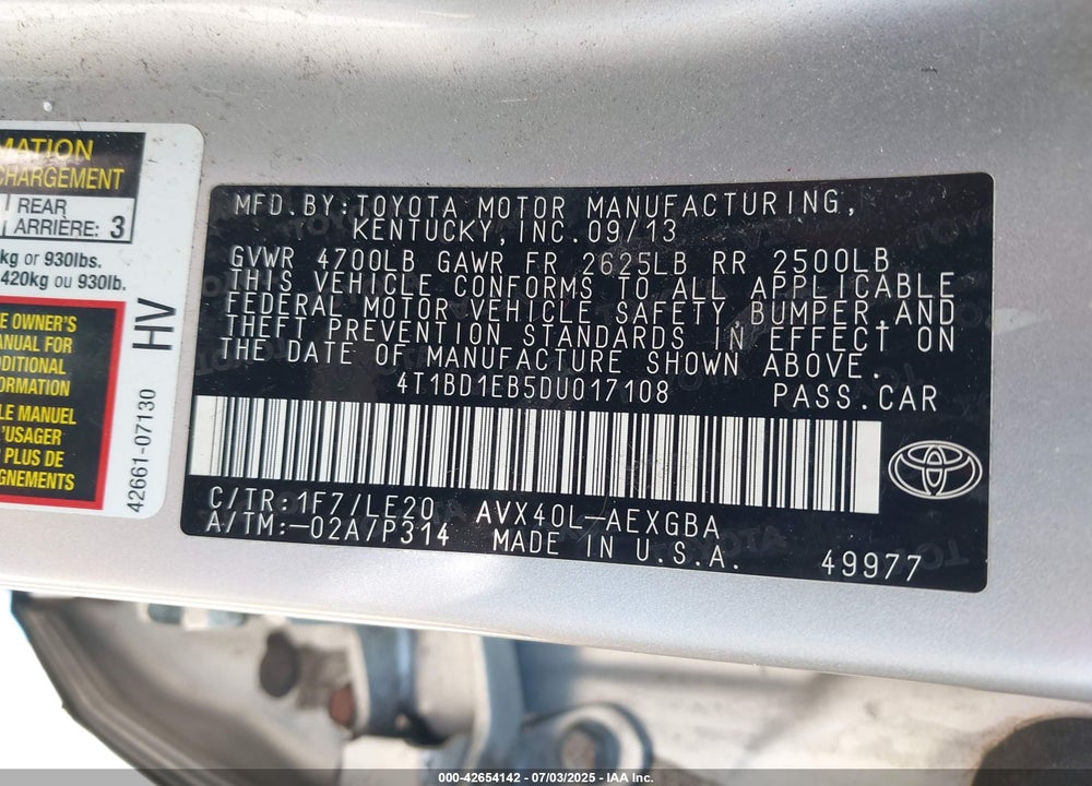 2013 TOYOTA AVALON HYBRID VIN: 4T1BD1EB5DU017108