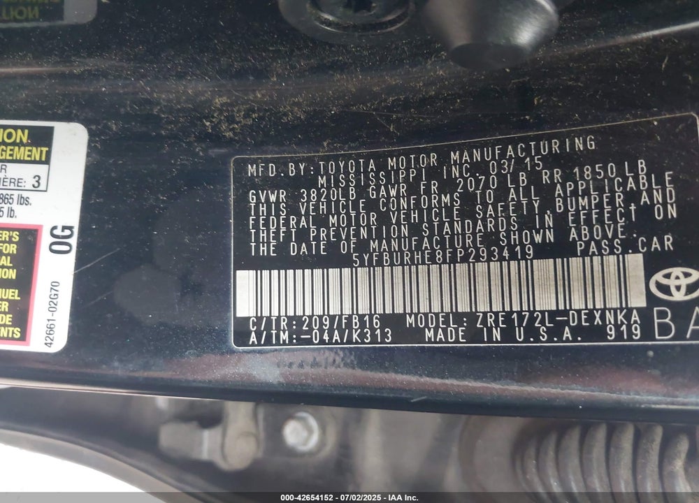 2015 TOYOTA COROLLA VIN: 5YFBURHE8FP293419