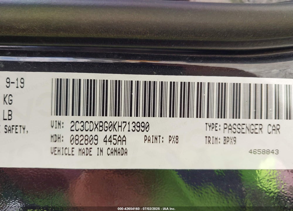 2019 DODGE CHARGER VIN: 2C3CDXBG0KH713990