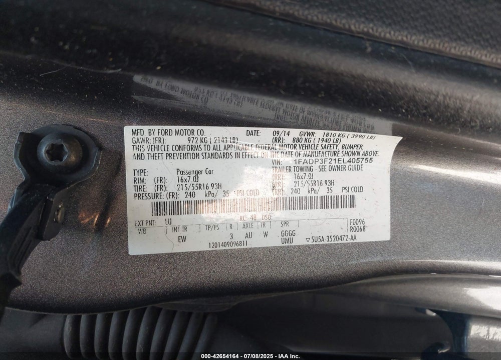 2014 FORD FOCUS VIN: 1FADP3F21EL405755