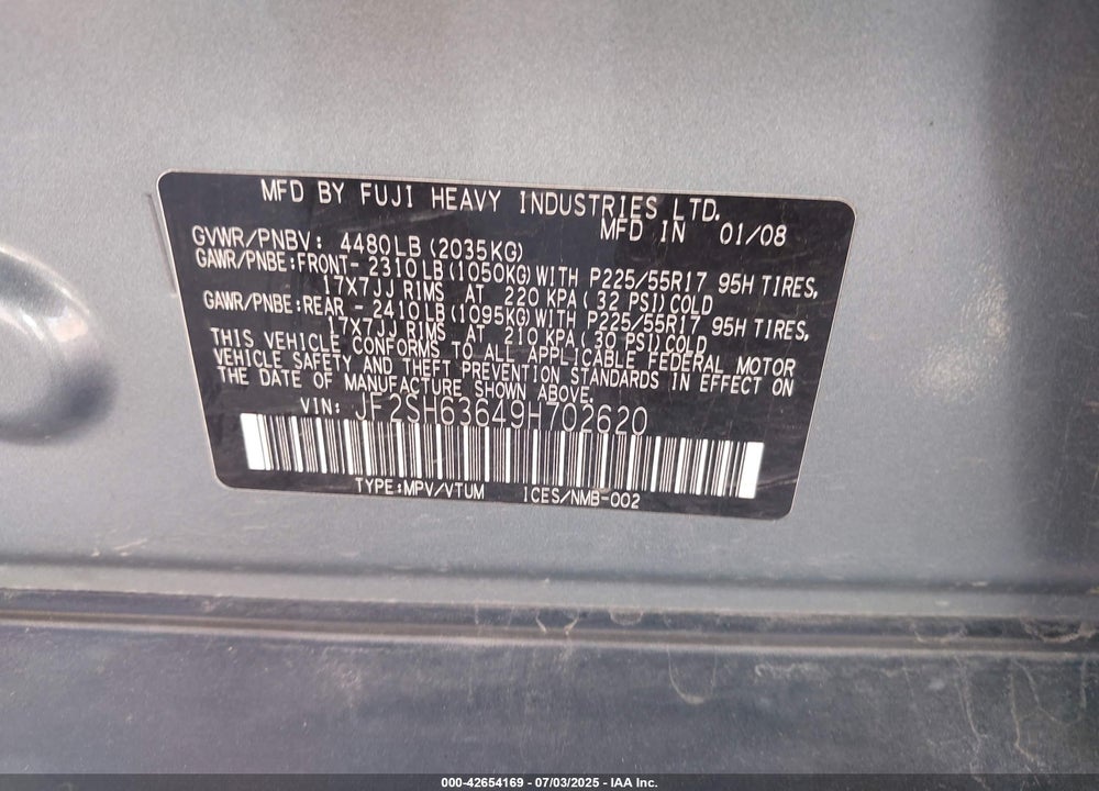 2009 SUBARU FORESTER VIN: JF2SH63649H702620