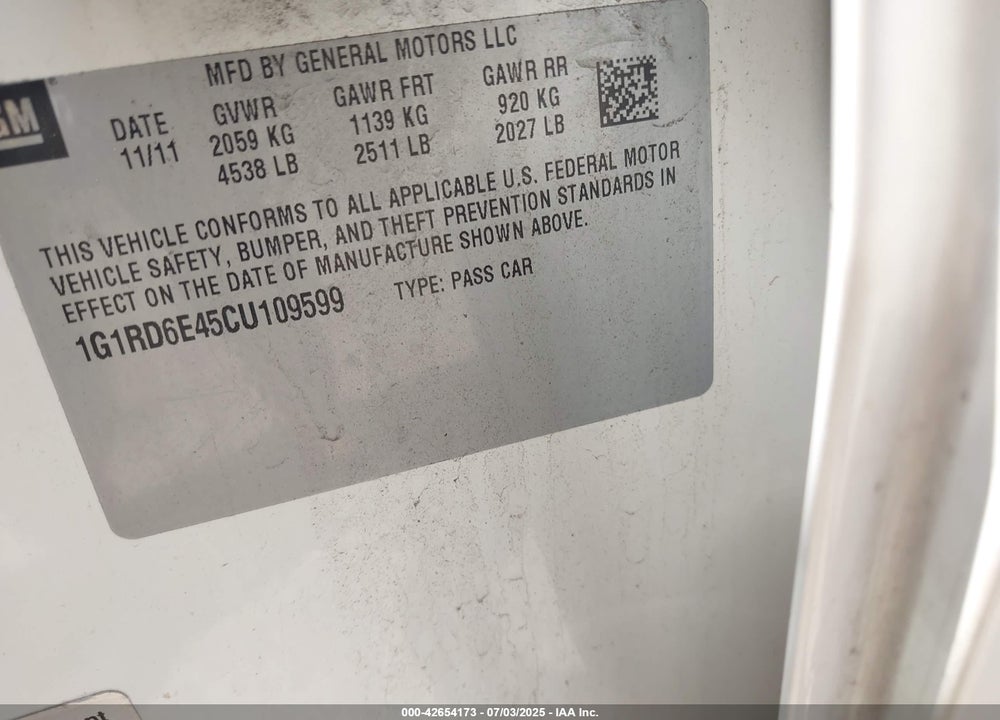 2012 CHEVROLET VOLT VIN: 1G1RD6E45CU109599