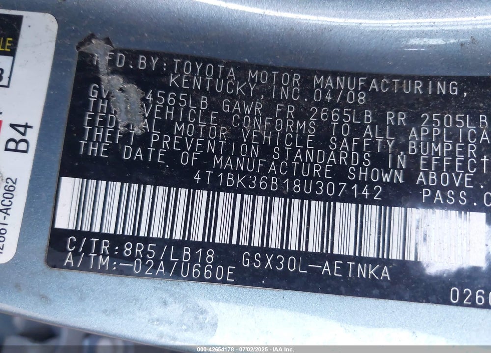 2008 TOYOTA AVALON VIN: 4T1BK36B18U307142