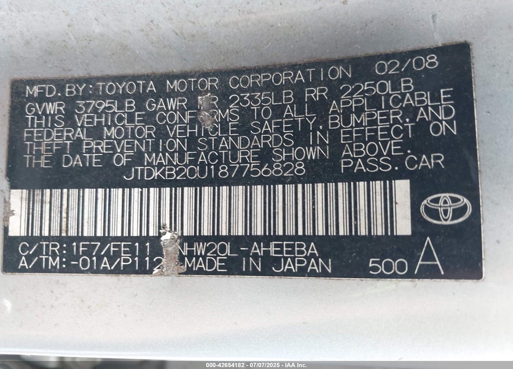 2008 TOYOTA PRIUS VIN: JTDKB20U187756828