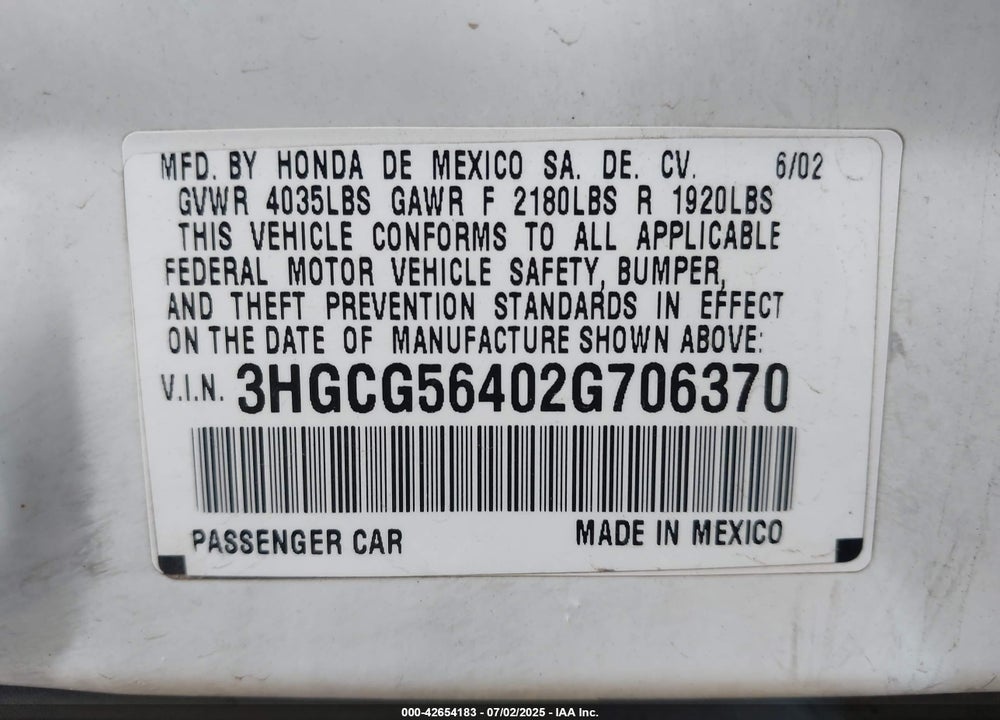 2002 HONDA ACCORD 2.3 LX VIN: 3HGCG56402G706370