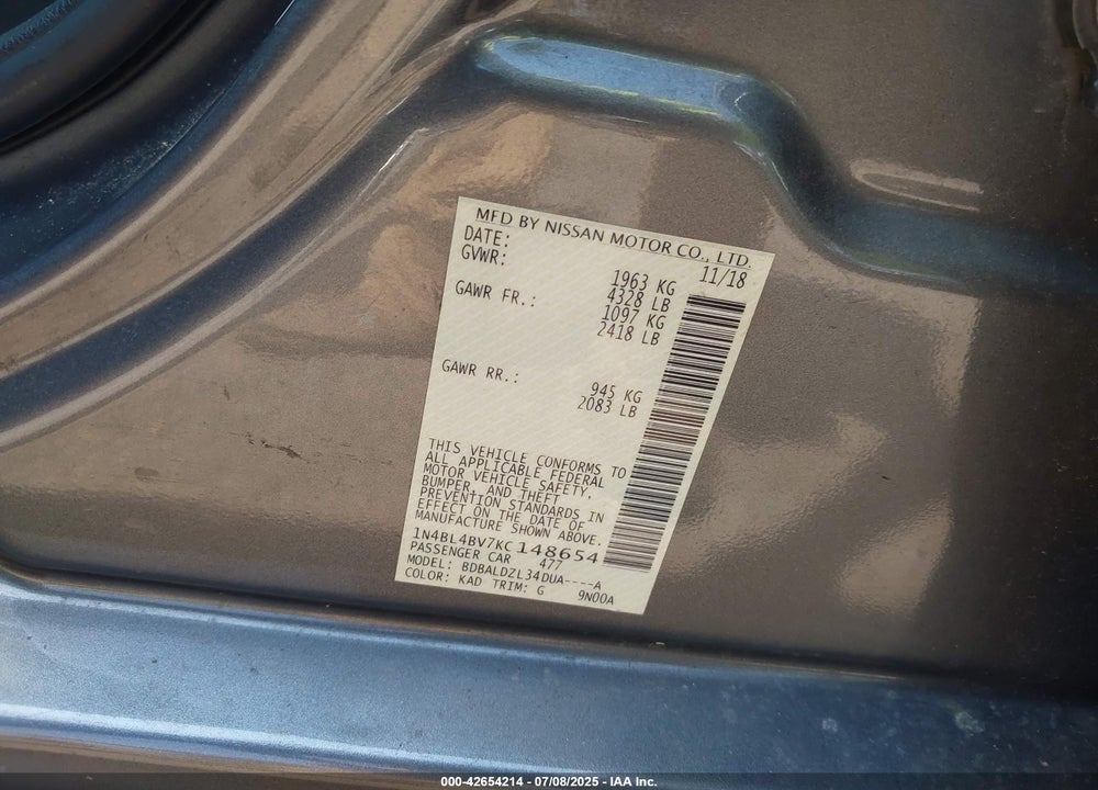 2019 NISSAN ALTIMA VIN: 1N4BL4BV7KC148654