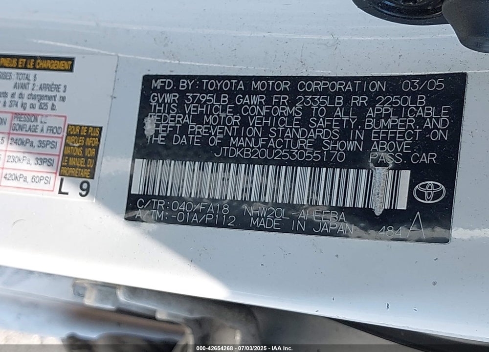2005 TOYOTA PRIUS VIN: JTDKB20U253055170