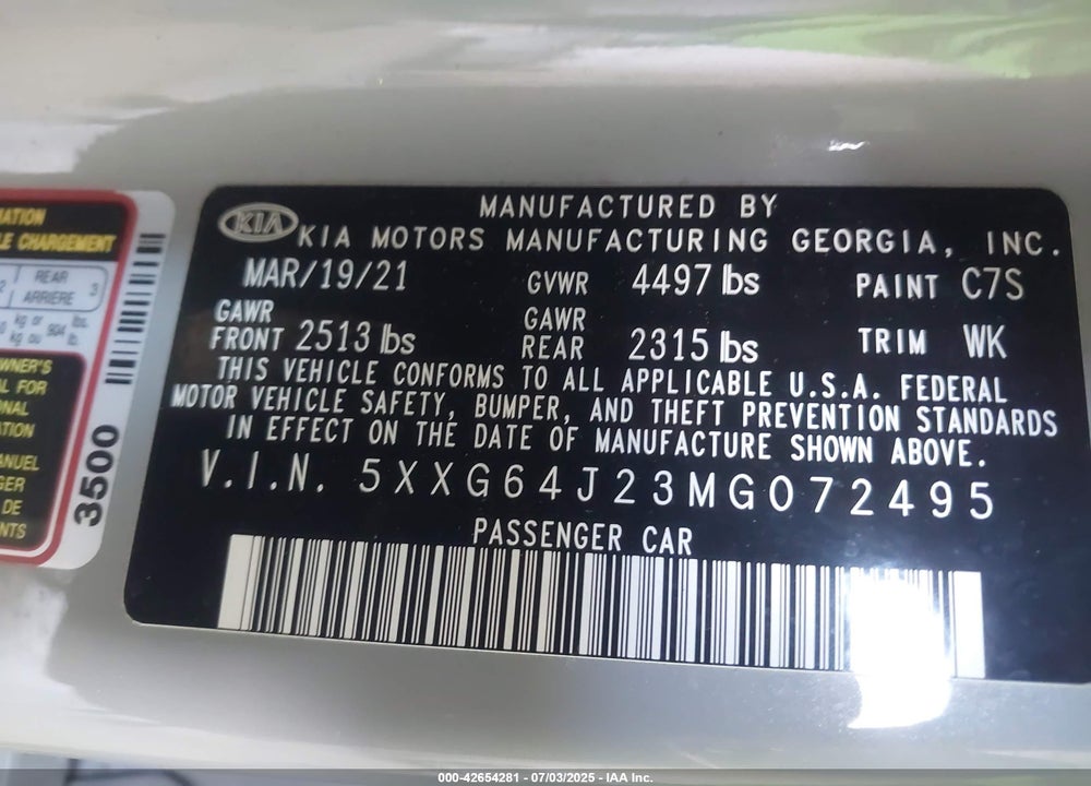 2021 KIA K5 GT LINE VIN: 5XXG64J23MG072495