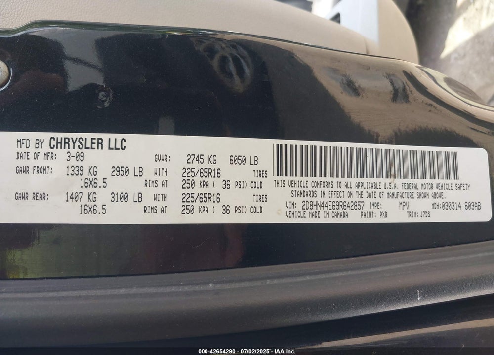2009 DODGE GRAND CARAVAN SE VIN: 2D8HN44E69R642857