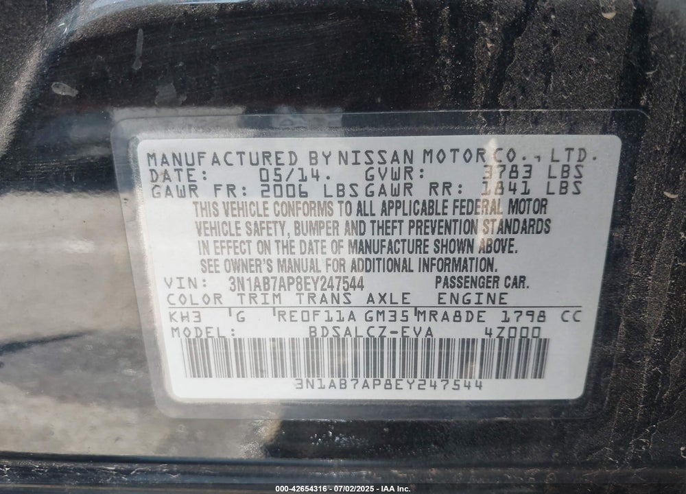 2014 NISSAN SENTRA VIN: 3N1AB7AP8EY247544
