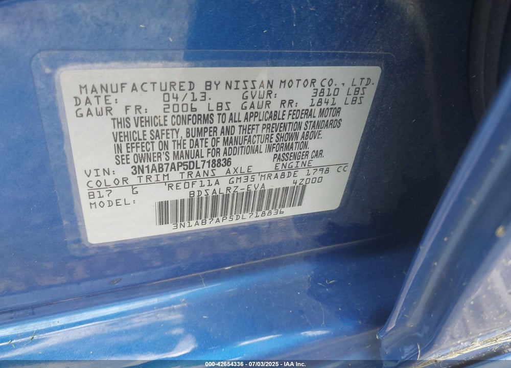 2013 NISSAN SENTRA VIN: 3N1AB7AP5DL718836