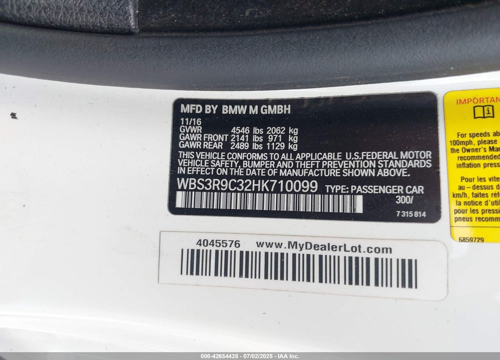2017 BMW M4 VIN: WBS3R9C32HK710099