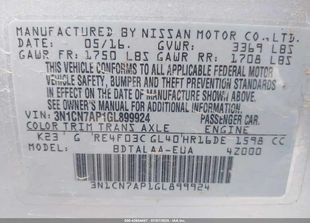 2016 NISSAN VERSA VIN: 3N1CN7AP1GL899924