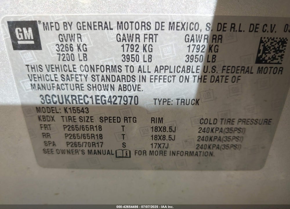 2014 CHEVROLET SILVERADO 1500 VIN: 3GCUKREC1EG427970