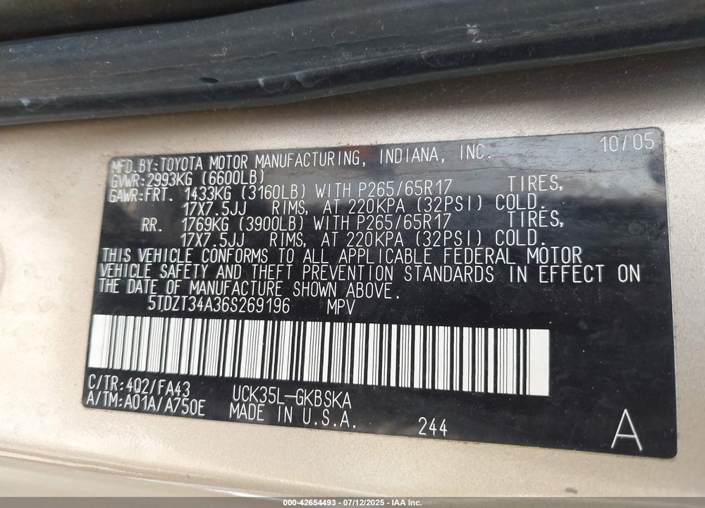 2006 TOYOTA SEQUOIA SR5 V8 VIN: 5TDZT34A36S269196