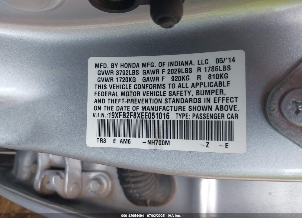 2014 HONDA CIVIC VIN: 19XFB2F8XEE051016