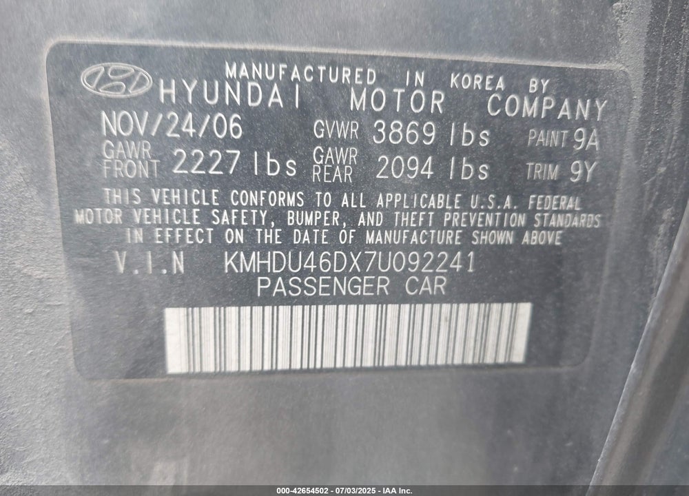 2007 HYUNDAI ELANTRA GLS/LIMITED/SE VIN: KMHDU46DX7U092241