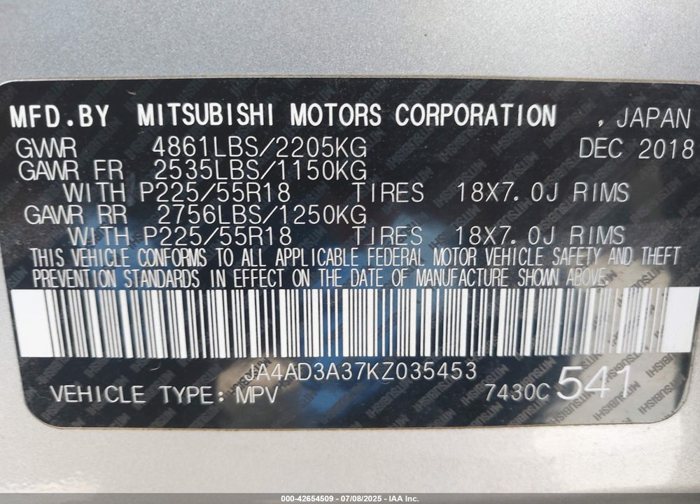 2019 MITSUBISHI OUTLANDER VIN: JA4AD3A37KZ035453
