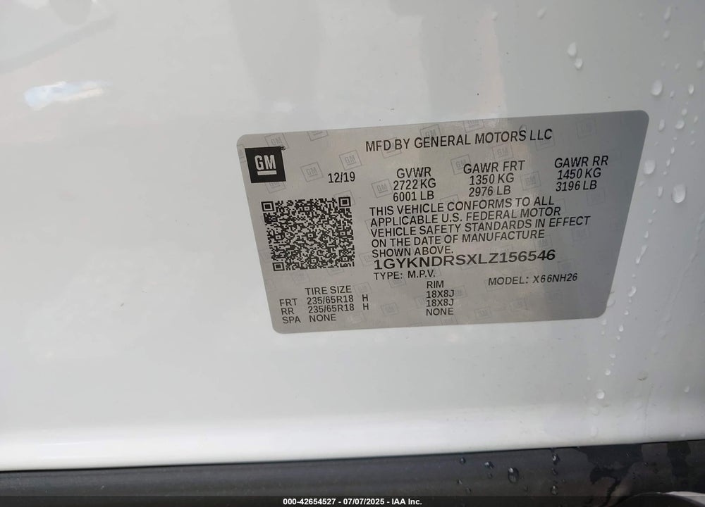 2020 CADILLAC XT5 VIN: 1GYKNDRSXLZ156546