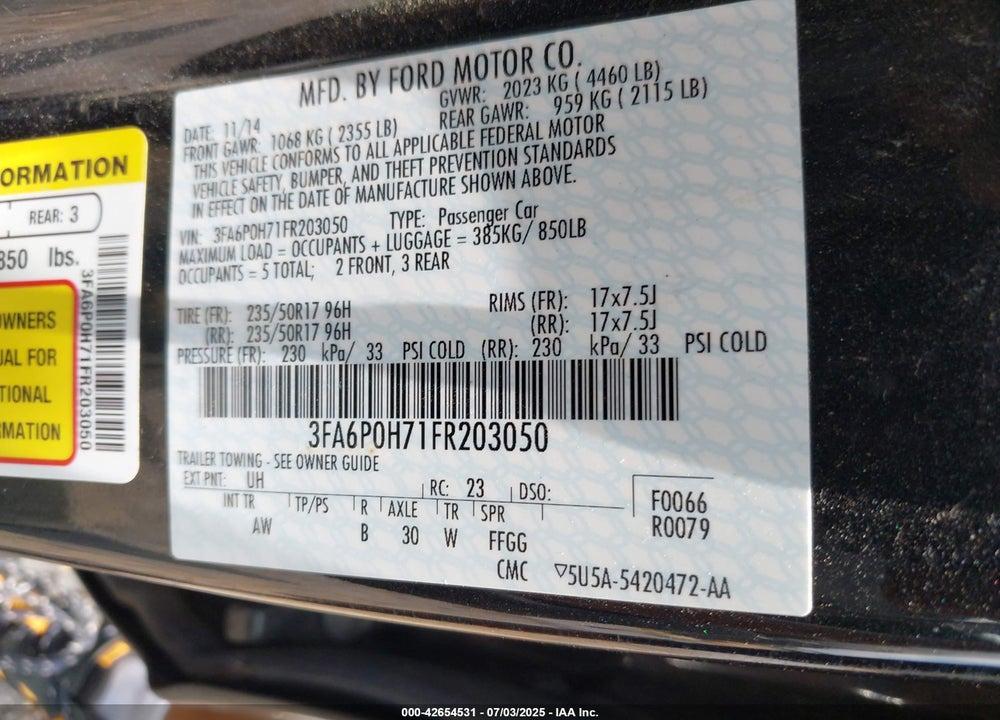 2015 FORD FUSION VIN: 3FA6P0H71FR203050
