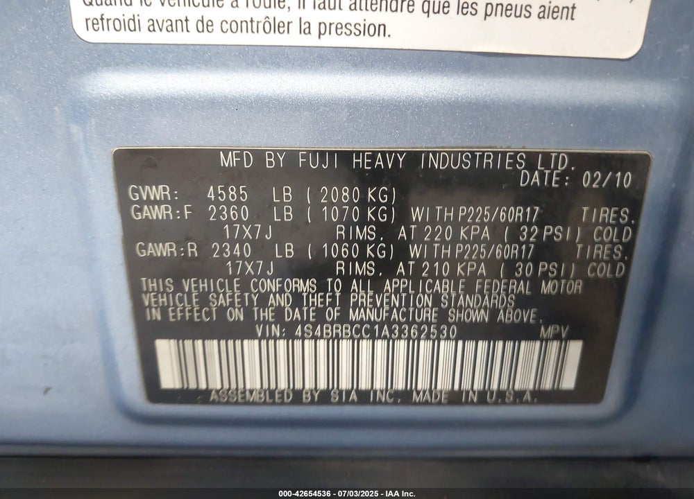 2010 SUBARU OUTBACK VIN: 4S4BRBCC1A3362530