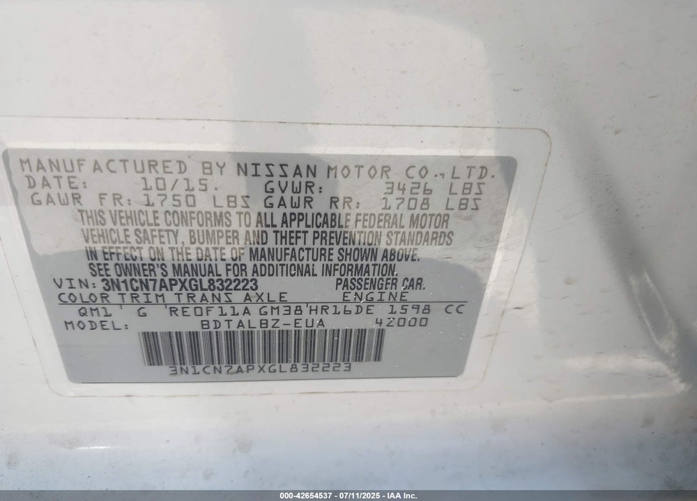 2016 NISSAN VERSA VIN: 3N1CN7APXGL832223