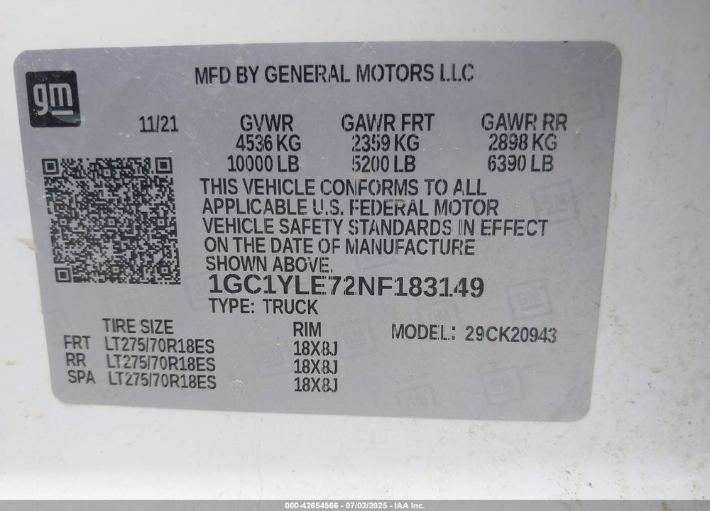 2022 CHEVROLET SILVERADO 2500HD VIN: 1GC1YLE72NF183149