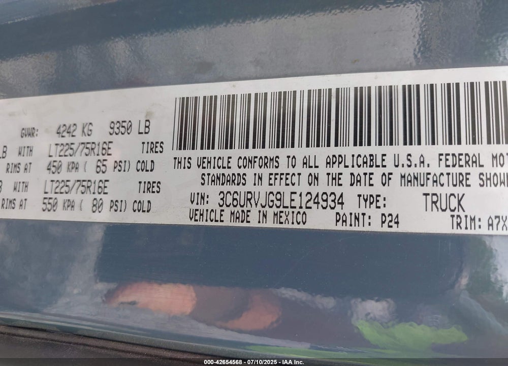 2020 RAM PROMASTER 3500 CARGO VAN HIGH ROOF 159 WB EXT VIN: 3C6URVJG9LE124934