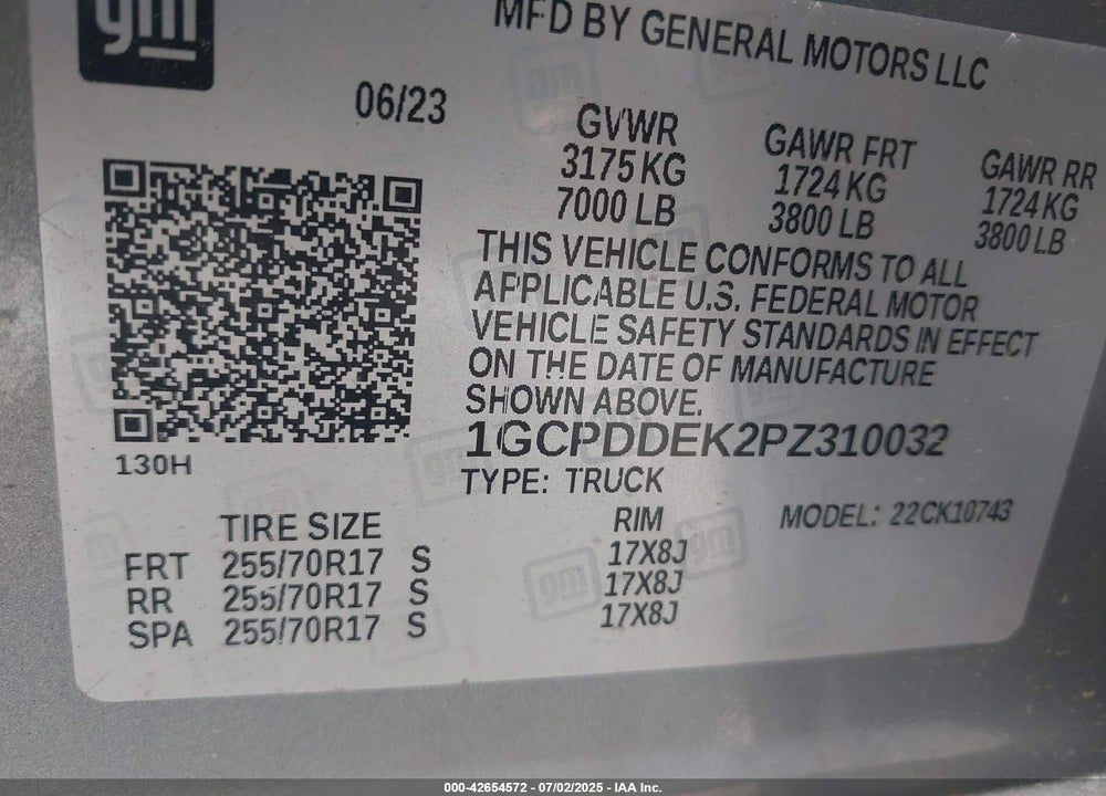 2023 CHEVROLET SILVERADO 1500 VIN: 1GCPDDEK2PZ310032