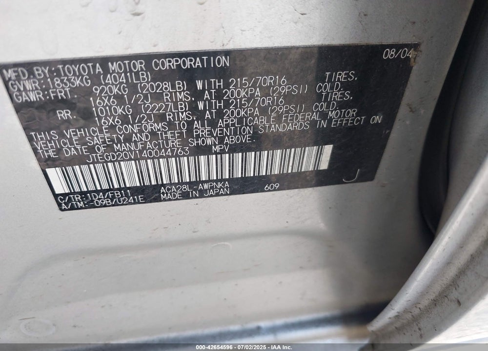 2004 TOYOTA RAV4 VIN: JTEGD20V140044763