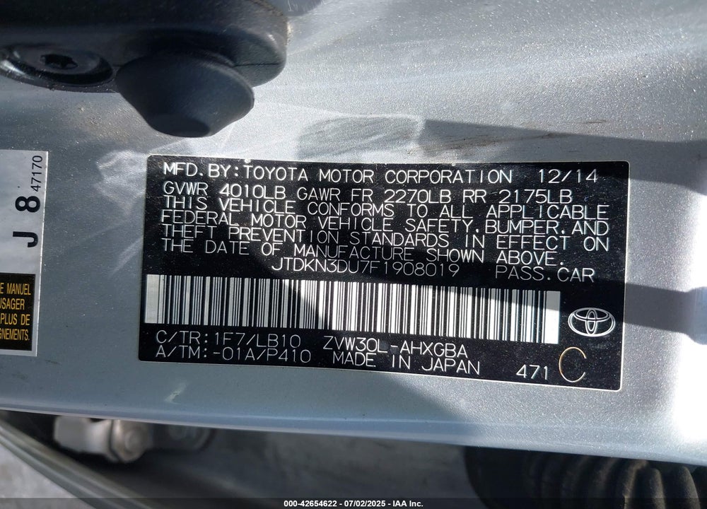 2015 TOYOTA PRIUS VIN: JTDKN3DU7F1908019