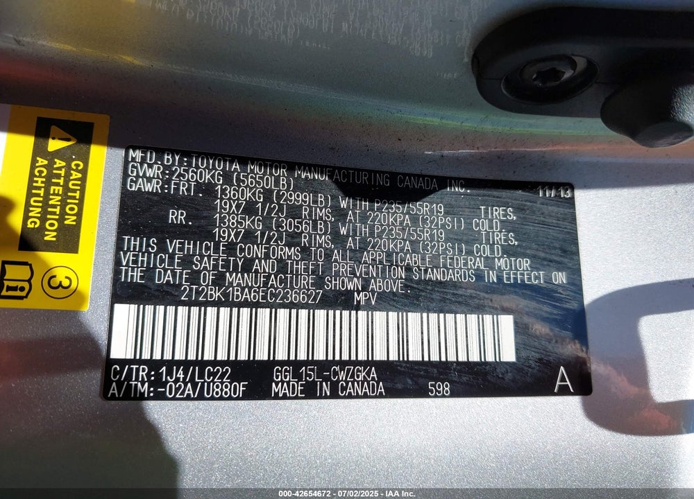 2014 LEXUS RX350 VIN: 2T2BK1BA6EC236627