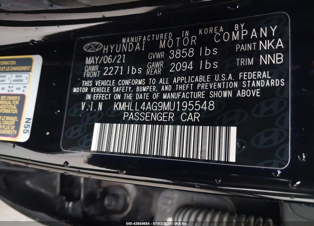 2021 HYUNDAI ELANTRA VIN: KMHLL4AG9MU195548