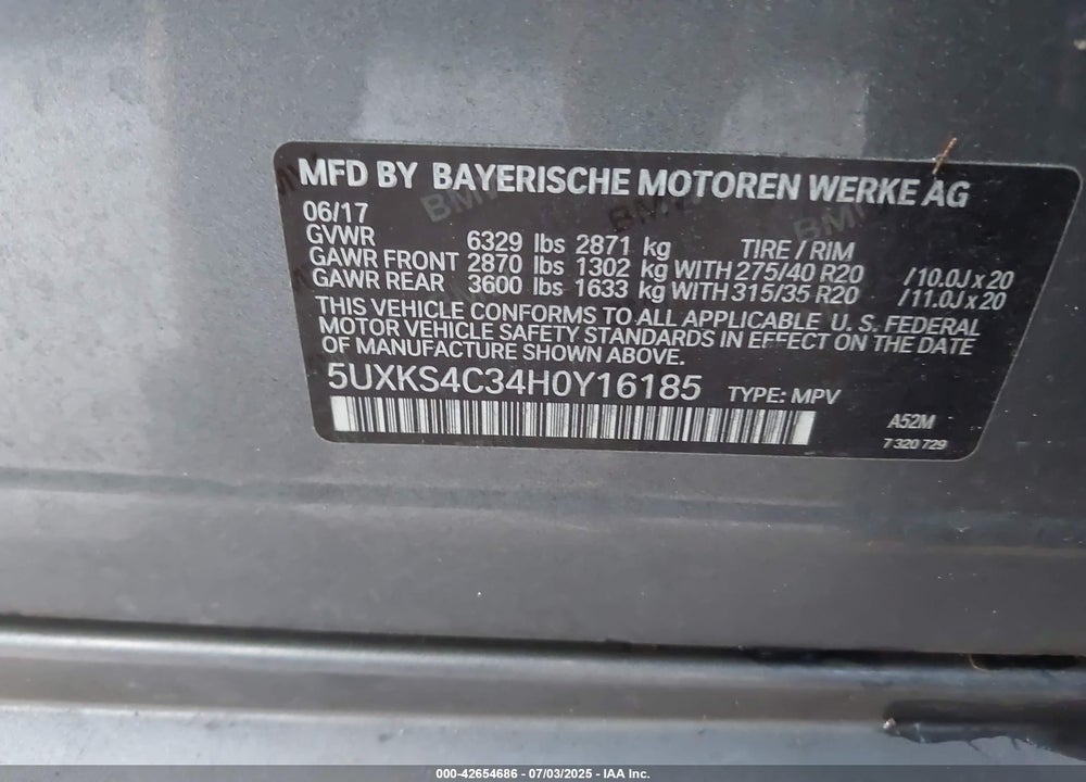 2017 BMW X5 VIN: 5UXKS4C34H0Y16185