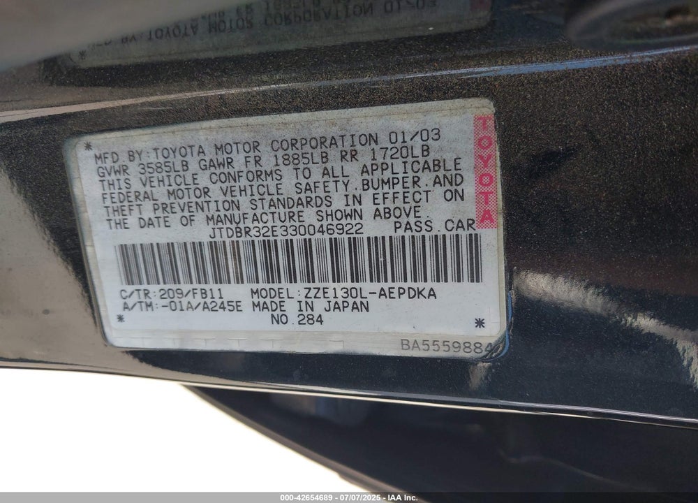 2003 TOYOTA COROLLA CE VIN: JTDBR32E330046922