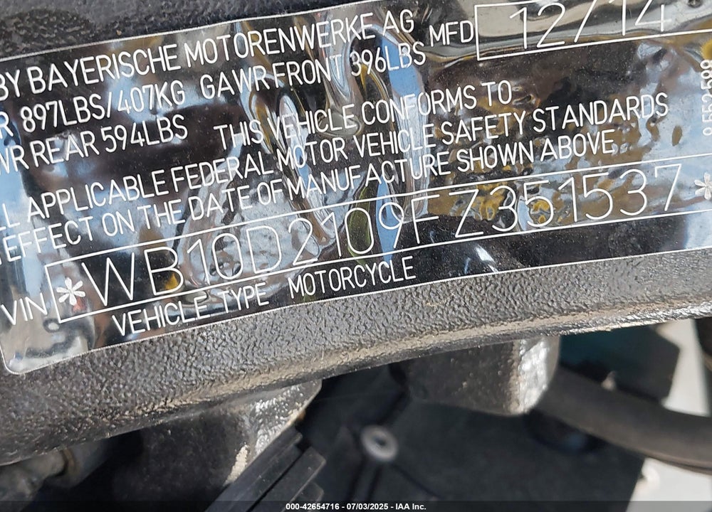 2015 BMW S 1000 RR VIN: WB10D2109FZ351537