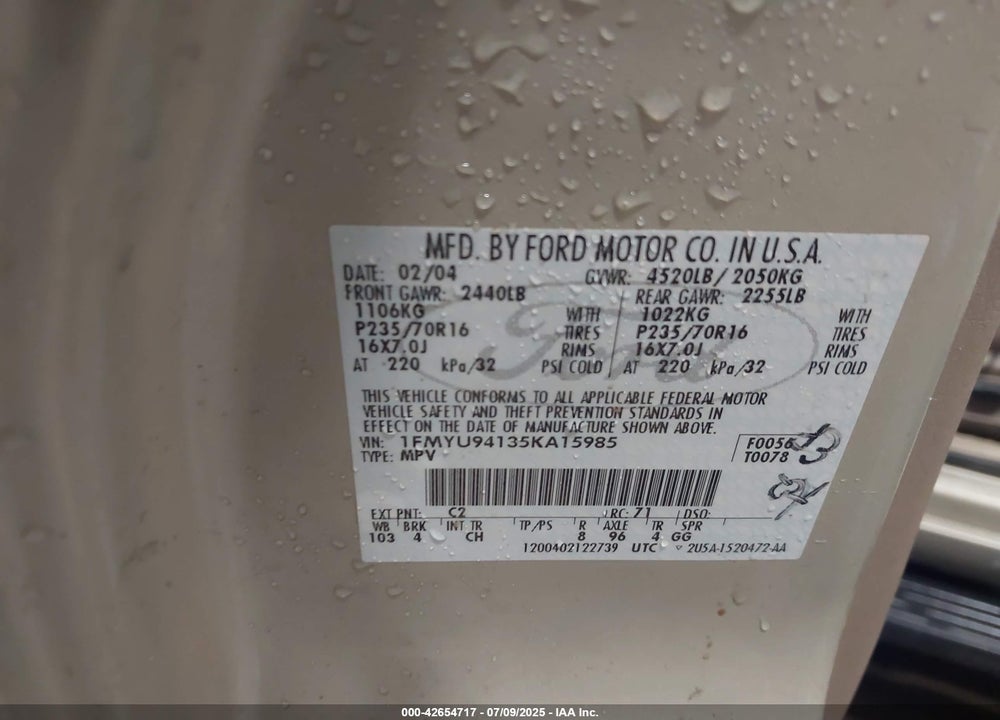 2005 FORD ESCAPE VIN: 1FMYU94135KA15985